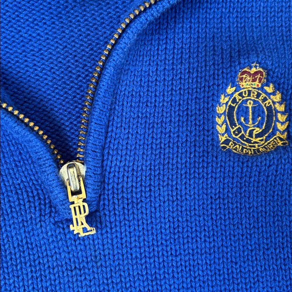 Vintage Ralph Lauren Blue Gold Crest 1/4 Zip Sweater Preppy Women’s Petite Large - Picture 3 of 10